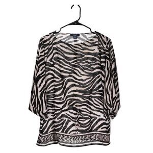 Chaps Ralph Lauren Women Blouse Animal Zebra Print Drawstring Spring Sheer Top M